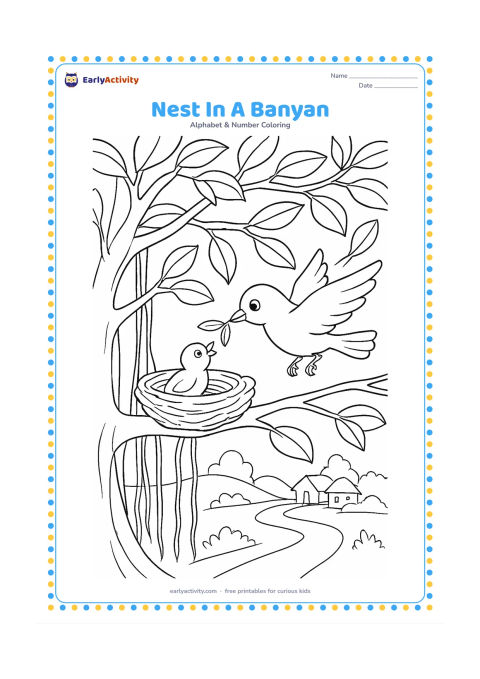 Colouring page: Draw a bird nest tucked among the branches of a broad banyan tree, with a parent bird bringing a twig. Include hanging roots, large leaves, and a distant Indian village path.