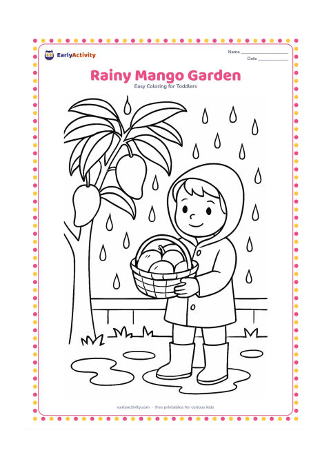 Colouring page: Draw a child in simple rainwear standing beneath a mango tree, holding a basket of fallen mangoes. Show raindrops, puddles, broad leaves and a small garden wall.