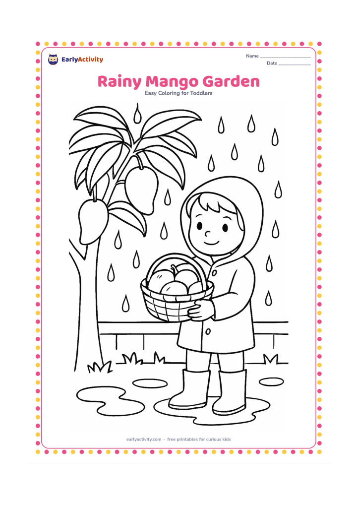 Colouring page: Draw a child in simple rainwear standing beneath a mango tree, holding a basket of fallen mangoes. Show raindrops, puddles, broad leaves and a small garden wall.
