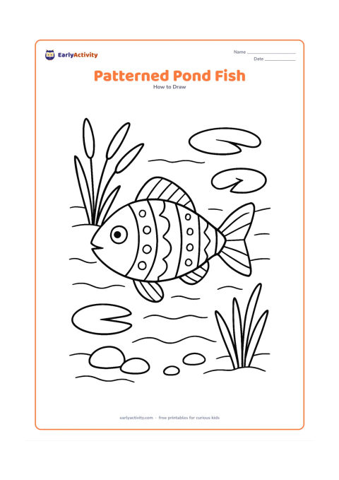 Worksheet: Show one fish swimming in a shallow pond with alternating stripes, round spots, and zigzag bands distributed across its body. Add reeds, lily pads, and a few pebbles around the fish.