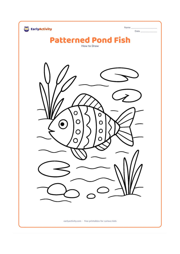 Worksheet: Show one fish swimming in a shallow pond with alternating stripes, round spots, and zigzag bands distributed across its body. Add reeds, lily pads, and a few pebbles around the fish.