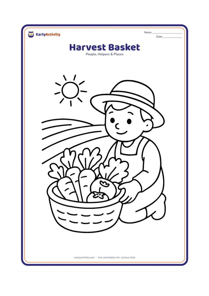 Colouring page: A farmer kneels beside a large basket filled with carrots, tomatoes, and leafy vegetables. Show three short crop rows and a small sun above the field.