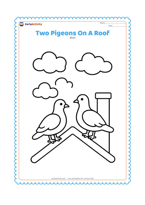 Colouring page: Two pigeons stand side by side on a simple sloping roof, one facing left and one facing right. Add a chimney with no markings and a few large clouds.