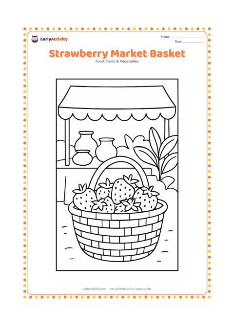 Colouring page: Draw a woven shopping basket filled with strawberries at an outdoor Indian-style market, with a simple cloth canopy, a few clay pots, and leafy plants in the background; include no shop…