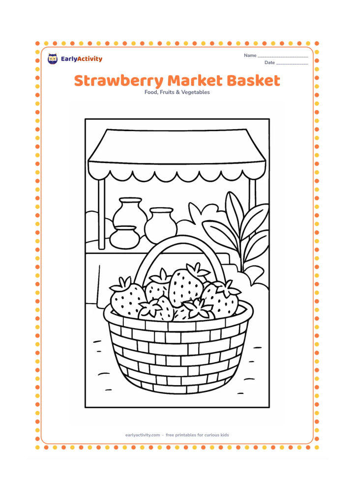 Colouring page: Draw a woven shopping basket filled with strawberries at an outdoor Indian-style market, with a simple cloth canopy, a few clay pots, and leafy plants in the background; include no shop…