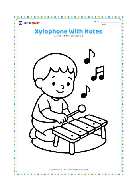 Colouring page: Draw a child tapping a large xylophone with one mallet while a few simple music-note symbols float above it. Add a small rug underneath.