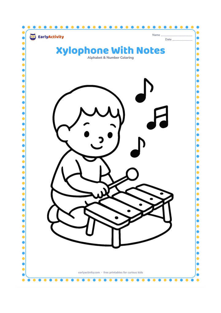 Colouring page: Draw a child tapping a large xylophone with one mallet while a few simple music-note symbols float above it. Add a small rug underneath.