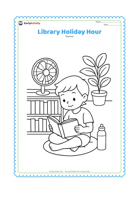 Colouring page: Draw a child reading quietly on a floor cushion in a bright library corner during a hot afternoon. Include low bookshelves with blank book spines, a standing fan, a water bottle, and a…