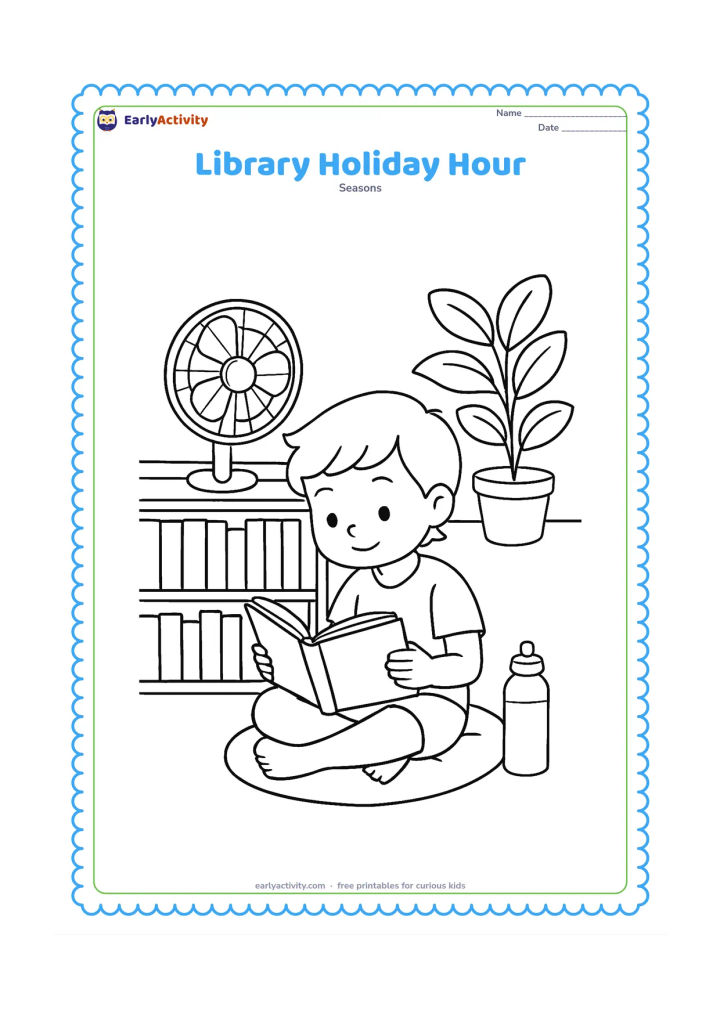 Colouring page: Draw a child reading quietly on a floor cushion in a bright library corner during a hot afternoon. Include low bookshelves with blank book spines, a standing fan, a water bottle, and a…