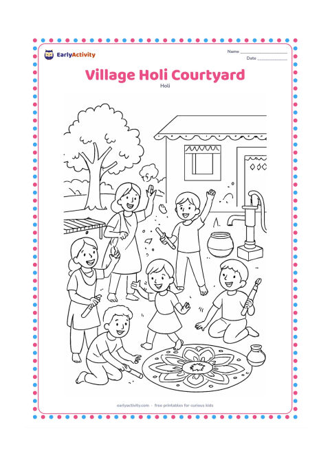 Colouring page: A group of children and adults celebrate in a spacious village courtyard with gulal, pichkaris and a large rangoli. Include a tree, charpai, clay pots, a hand pump and decorated house walls.