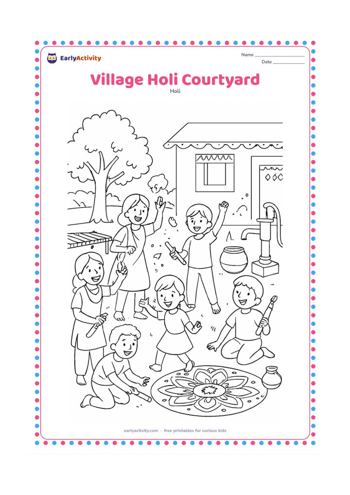 Colouring page: A group of children and adults celebrate in a spacious village courtyard with gulal, pichkaris and a large rangoli. Include a tree, charpai, clay pots, a hand pump and decorated house walls.