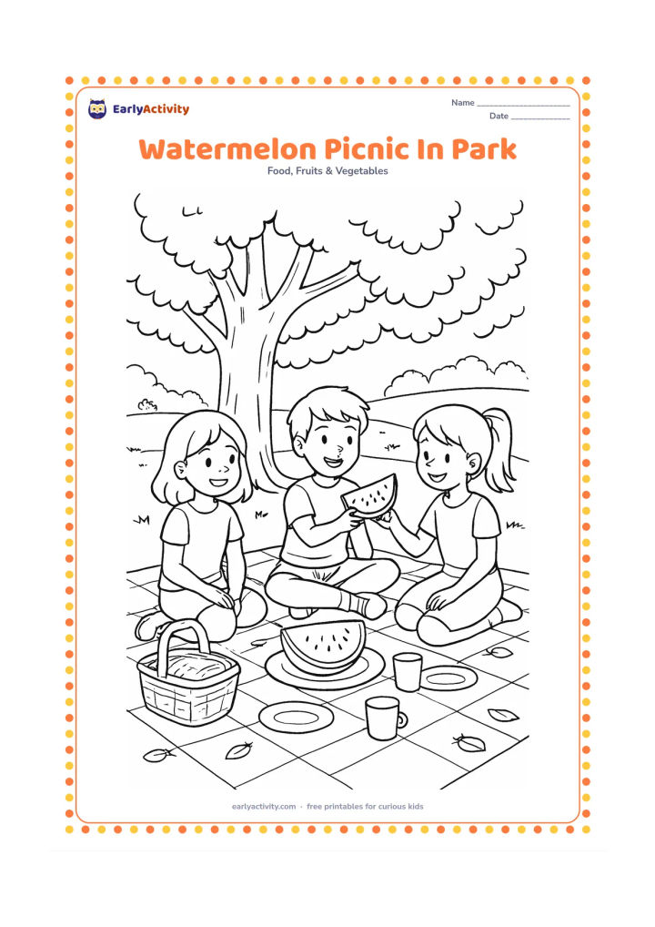 Colouring page: Draw three children having a watermelon picnic under a large shady tree, with a blanket, basket, plates, cups, scattered leaves and a distant park path. Show one child offering a slice…