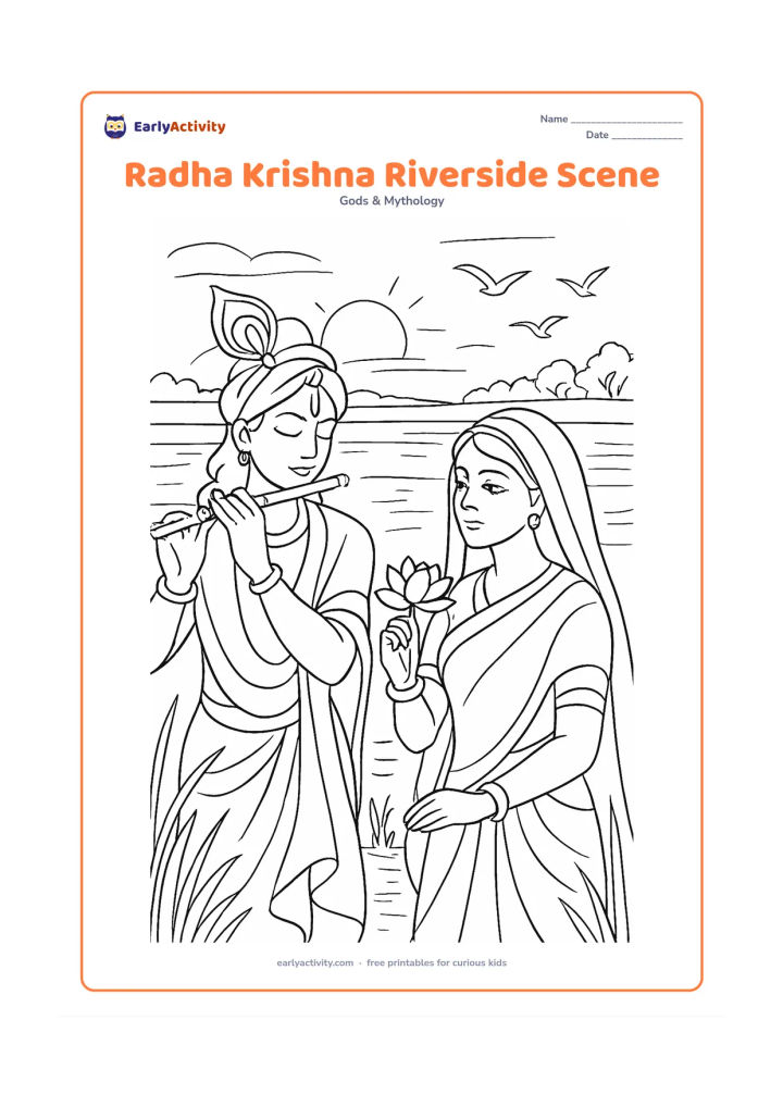 Colouring page: Draw Radha and Krishna beside a broad river at sunset, with Krishna playing his flute and Radha holding a lotus. Include layered riverbanks, reeds, water reflections, distant trees, and…
