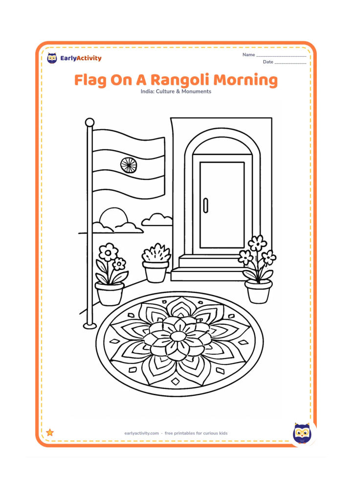 Colouring page: Draw an Indian flag standing beside a large geometric rangoli at the entrance of a home, with flower pots, a doorway and early morning light. The rangoli must contain patterns only,…