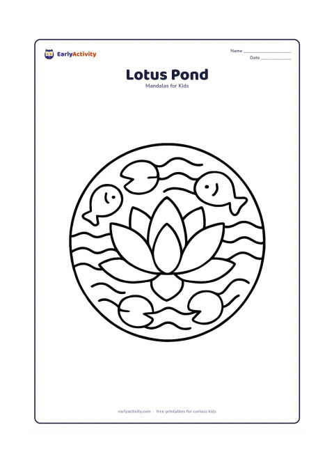 Colouring page: A circular mandala with a large lotus flower in the centre and repeated broad petals, lily pads and gentle wave shapes around it. Include two simple round fish shapes in opposite outer…