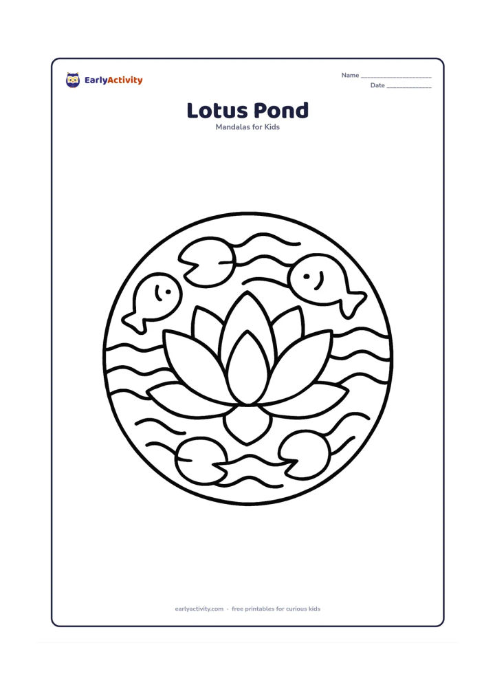 Colouring page: A circular mandala with a large lotus flower in the centre and repeated broad petals, lily pads and gentle wave shapes around it. Include two simple round fish shapes in opposite outer…