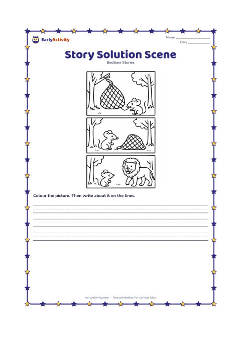 Printable: Create a three-part picture strip without words: first the mouse gnaws a rope, then the net opens, and finally the lion and mouse walk free together. Use matching trees and ground…