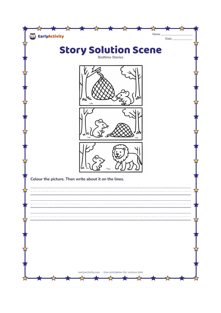 Printable: Create a three-part picture strip without words: first the mouse gnaws a rope, then the net opens, and finally the lion and mouse walk free together. Use matching trees and ground…