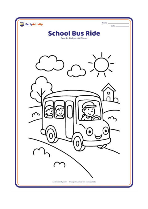Colouring page: A cheerful school bus travels along a quiet road with two children visible through large windows and a friendly driver at the wheel. Include trees, clouds, a sun and a small school…