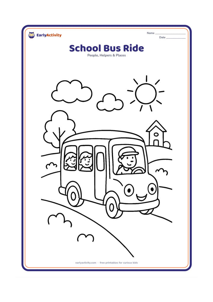 Colouring page: A cheerful school bus travels along a quiet road with two children visible through large windows and a friendly driver at the wheel. Include trees, clouds, a sun and a small school…
