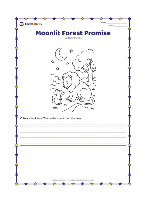 Printable: Under a bright crescent moon, the lion and mouse face each other beside the tree where they first met, with the mouse raising a paw and the lion bowing gently. Add stars, layered foliage…