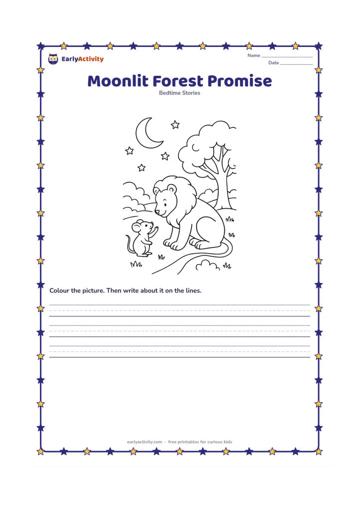 Printable: Under a bright crescent moon, the lion and mouse face each other beside the tree where they first met, with the mouse raising a paw and the lion bowing gently. Add stars, layered foliage…