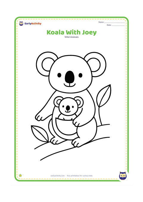 Colouring page: Draw a mother koala sitting upright with a smiling joey peeking from her pouch. Place them on a broad branch with two oversized eucalyptus leaves.