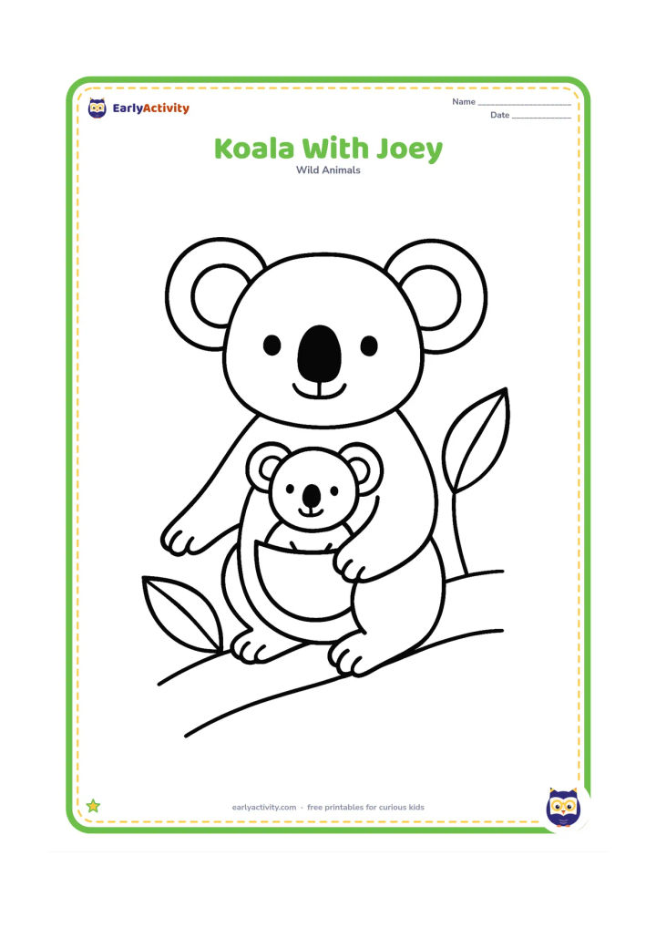 Colouring page: Draw a mother koala sitting upright with a smiling joey peeking from her pouch. Place them on a broad branch with two oversized eucalyptus leaves.
