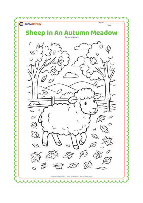 Colouring page: A sheep walks through an autumn meadow scattered with leaves, beside a split-rail fence and trees with mixed full and falling leaves. Add distant hills and a calm sky.
