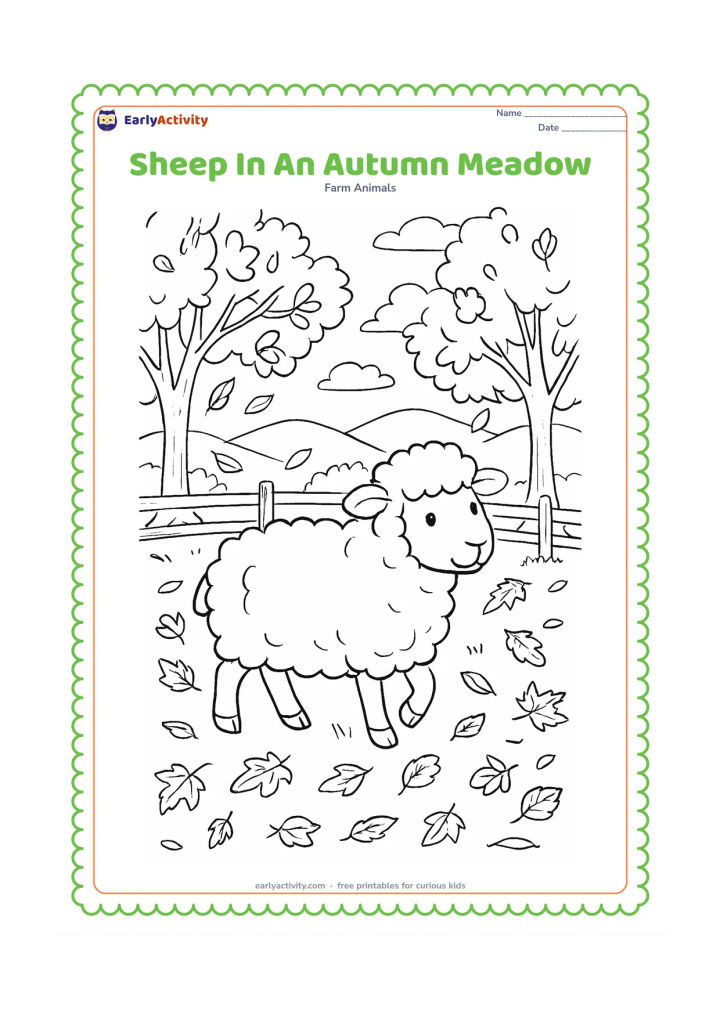 Colouring page: A sheep walks through an autumn meadow scattered with leaves, beside a split-rail fence and trees with mixed full and falling leaves. Add distant hills and a calm sky.
