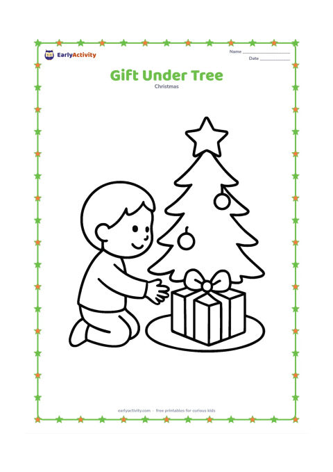 Colouring page: A child kneels beside a Christmas tree and reaches toward one large wrapped gift. Add two simple ornaments, a tree skirt and one big bow on the present.