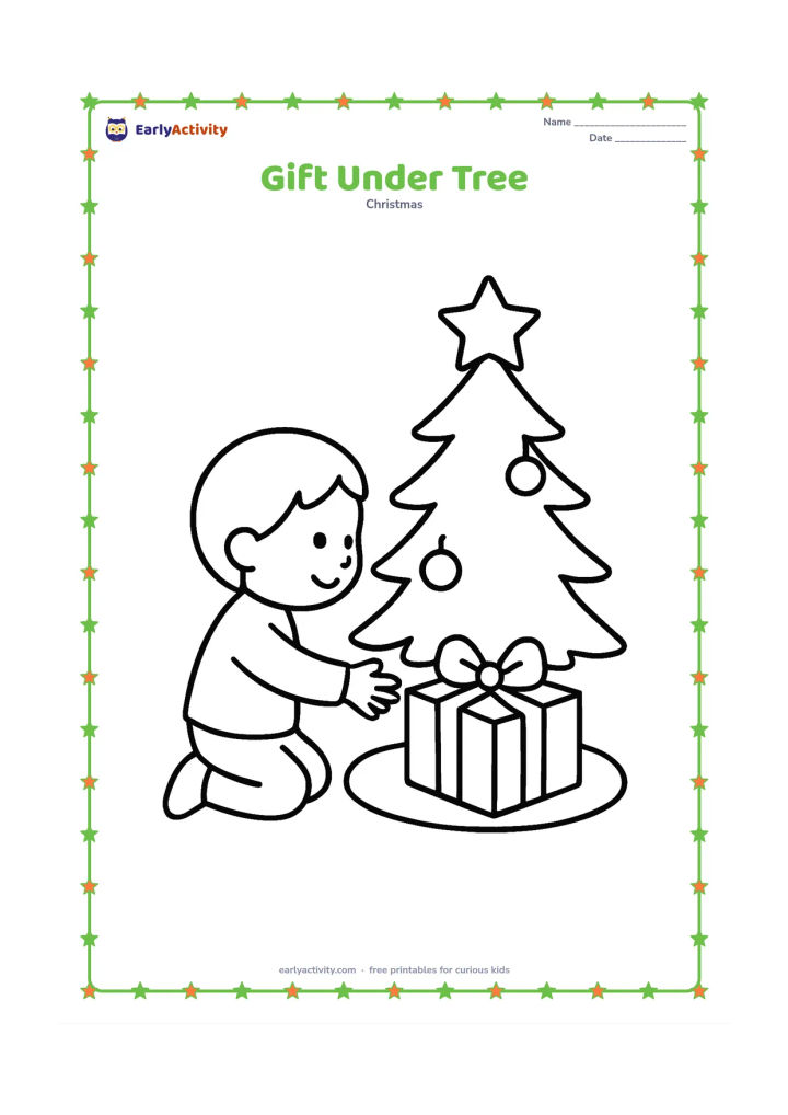 Colouring page: A child kneels beside a Christmas tree and reaches toward one large wrapped gift. Add two simple ornaments, a tree skirt and one big bow on the present.