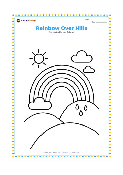 Colouring page: Draw a wide rainbow arching over two smooth hills, with a small sun, three rounded clouds and a few raindrops beneath one cloud. Place the rainbow large and uncluttered across the page.