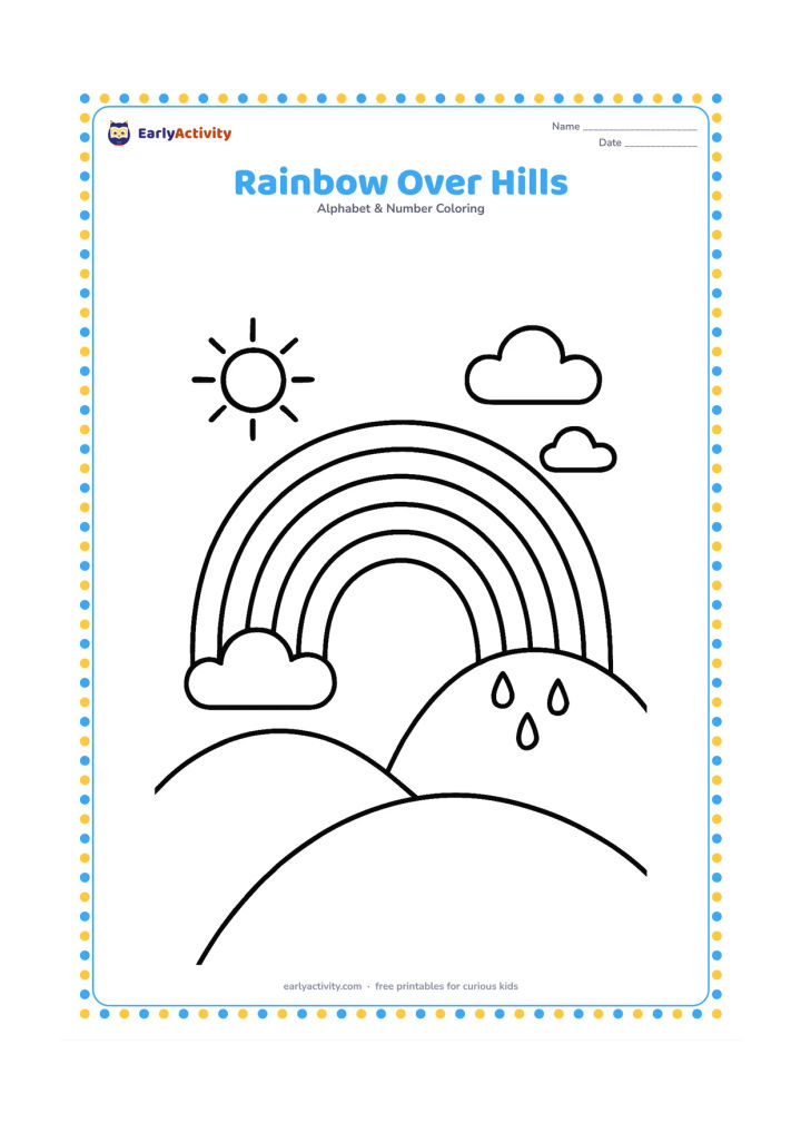 Colouring page: Draw a wide rainbow arching over two smooth hills, with a small sun, three rounded clouds and a few raindrops beneath one cloud. Place the rainbow large and uncluttered across the page.