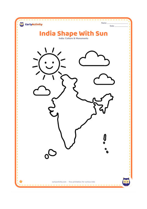 Colouring page: Draw a large, recognizable outline of India with broad empty space inside, a smiling sun above, and a few soft clouds. Add a simple thick coastline and two small island groups as…