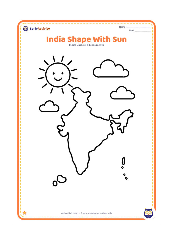 Colouring page: Draw a large, recognizable outline of India with broad empty space inside, a smiling sun above, and a few soft clouds. Add a simple thick coastline and two small island groups as…