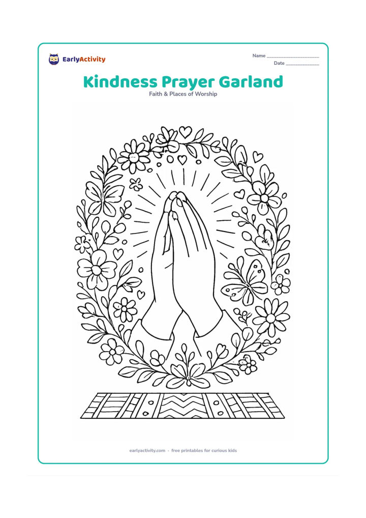 Colouring page: Folded hands are surrounded by an elaborate circular garland of flowers, leaves, small hearts, butterflies, and peaceful rays, with a patterned mat below.