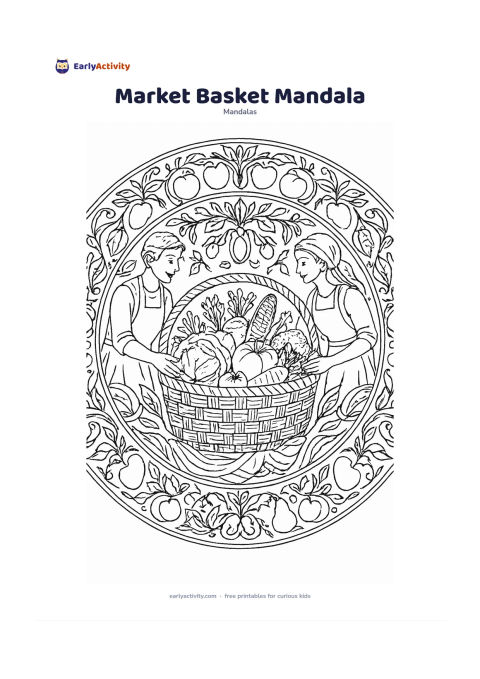 Colouring page: Build a circular mandala around a woven market basket filled with vegetables, surrounded by repeating fruits, leafy sprigs, cloth folds and curved basket-weave bands. Include two…