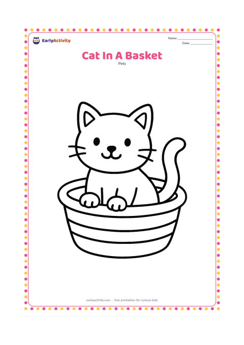 Colouring page: Draw a small cat sitting inside a wide woven basket, with its head, ears, paws, and tail visible. Add only two broad basket bands.