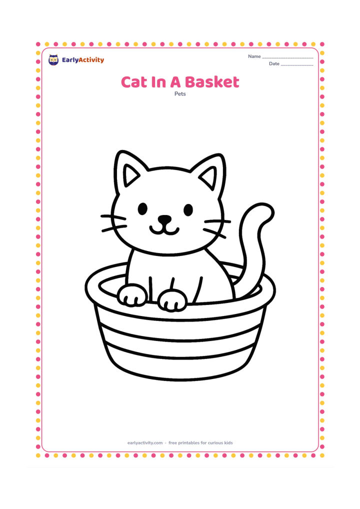 Colouring page: Draw a small cat sitting inside a wide woven basket, with its head, ears, paws, and tail visible. Add only two broad basket bands.