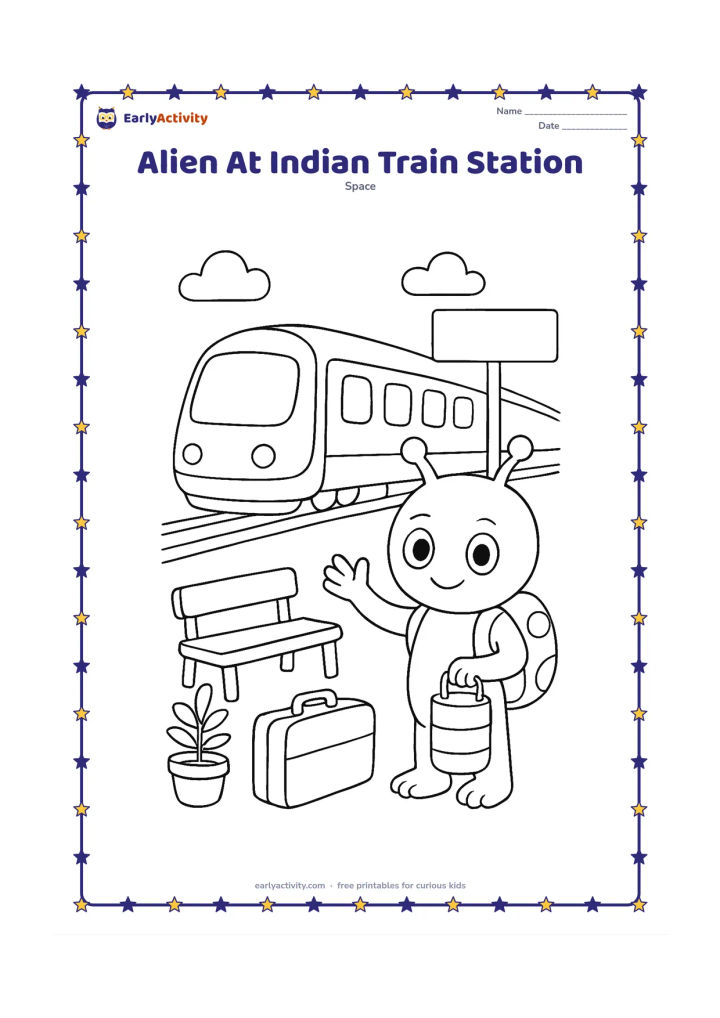 Colouring page: Draw a friendly alien waiting beside a small stylized Indian train with rounded windows, carrying a space backpack and a lunch tiffin. Include a platform bench, potted plant, luggage,…
