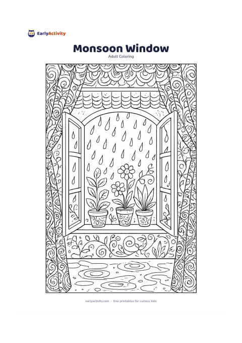 Colouring page: An open window overlooks a rainy garden with potted plants, curling vines, a tiled roof edge and puddles with gentle raindrop rings. Frame the scene with curtains and divide the plants,…