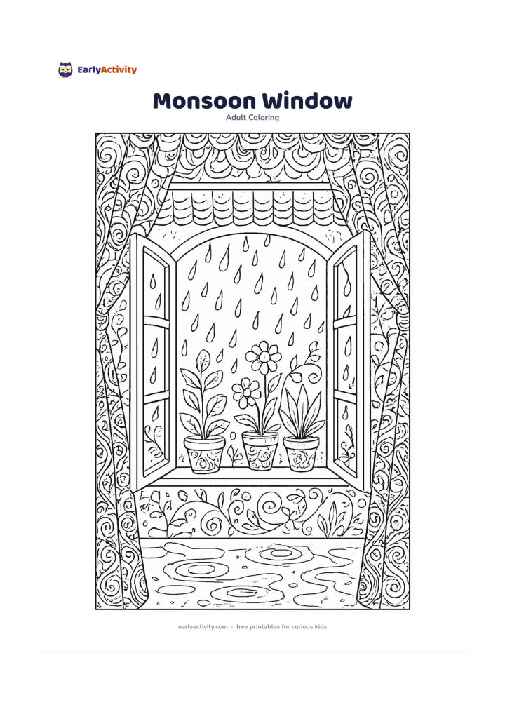 Colouring page: An open window overlooks a rainy garden with potted plants, curling vines, a tiled roof edge and puddles with gentle raindrop rings. Frame the scene with curtains and divide the plants,…