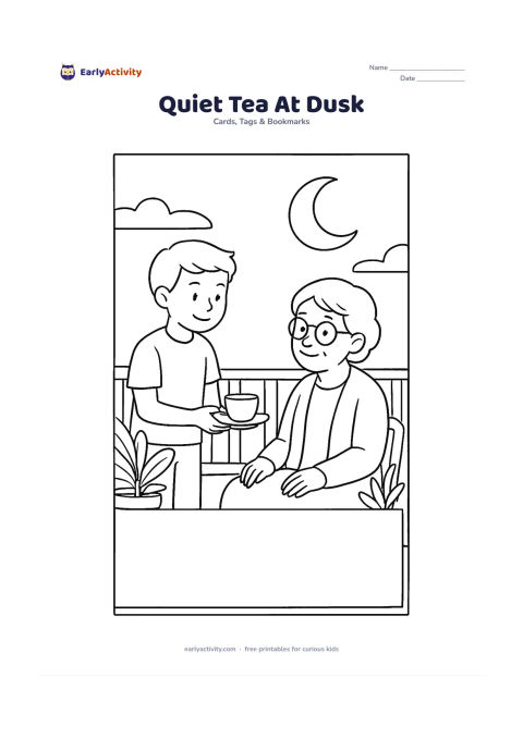 Worksheet: A peaceful older child places a cup of tea beside a seated grandparent on a veranda at dusk, with potted plants, a railing and a large crescent moon outside. Reserve a quiet blank…