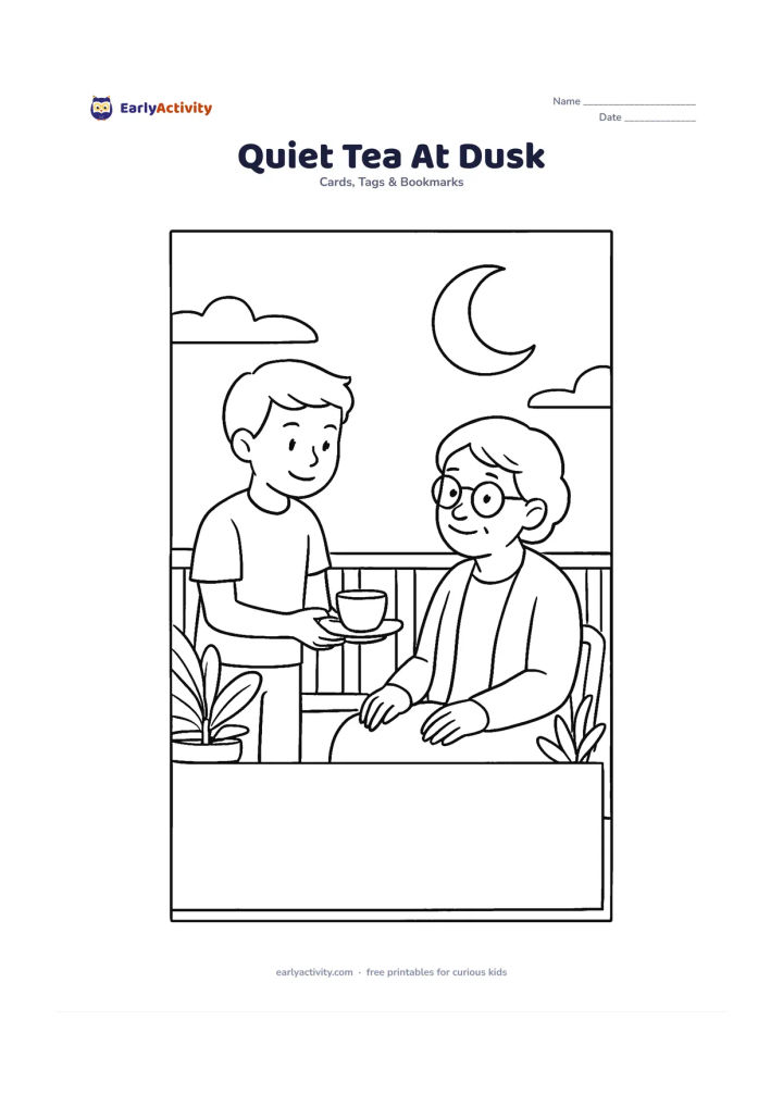 Worksheet: A peaceful older child places a cup of tea beside a seated grandparent on a veranda at dusk, with potted plants, a railing and a large crescent moon outside. Reserve a quiet blank…