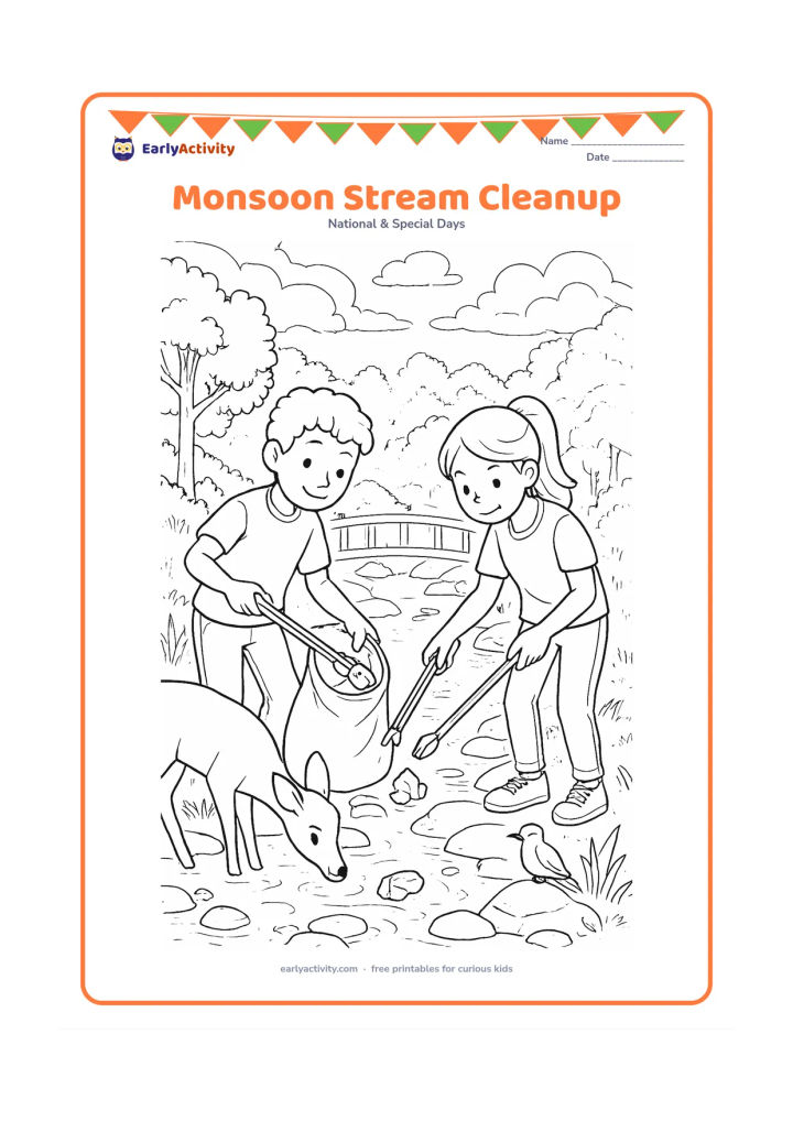 Colouring page: Draw two children carefully collecting a few pieces of litter from a clear forest stream with tongs and placing them into a plain sack. Include a small footbridge, wet rocks, tall…