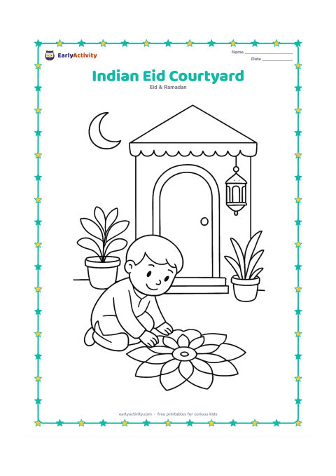 Colouring page: A child places a simple flower rangoli design near the entrance of an Indian home decorated for Eid. Include a doorway, potted plants, a hanging lantern, and a crescent moon above the roof.