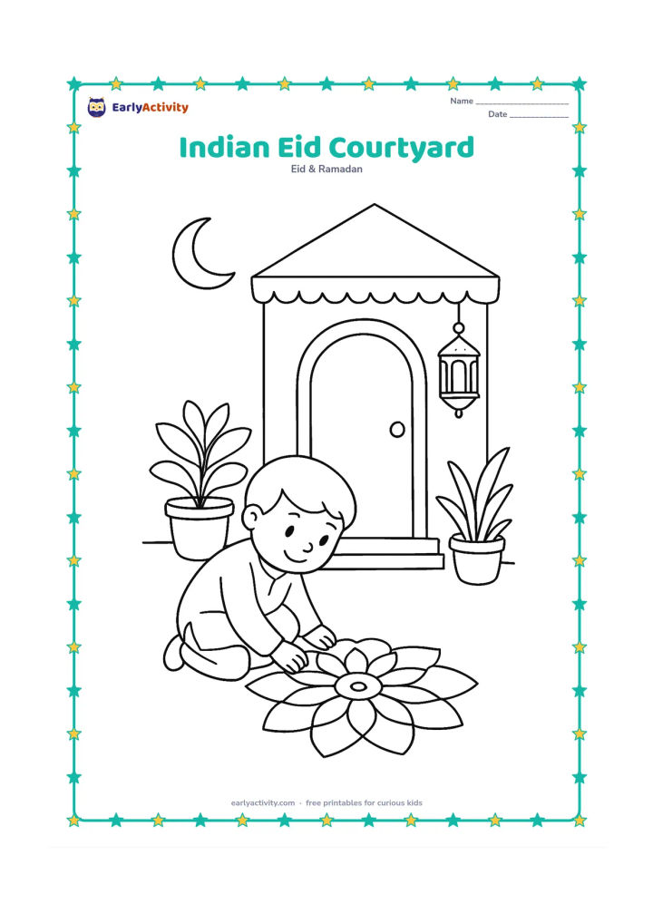 Colouring page: A child places a simple flower rangoli design near the entrance of an Indian home decorated for Eid. Include a doorway, potted plants, a hanging lantern, and a crescent moon above the roof.