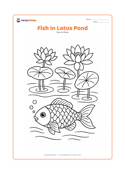 Worksheet: Show a detailed fish beneath a lotus pond surface with lotus leaves, two lotus flowers, long stems, rippling water, and a few small bubbles. Add careful scales, gills, fins, and a…