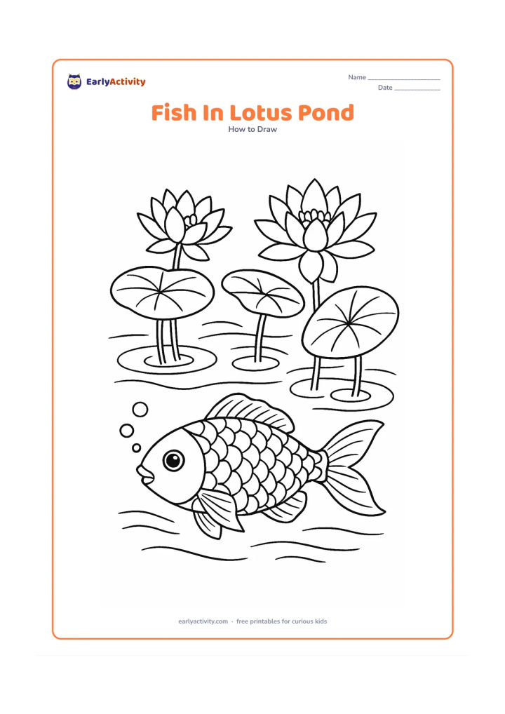 Worksheet: Show a detailed fish beneath a lotus pond surface with lotus leaves, two lotus flowers, long stems, rippling water, and a few small bubbles. Add careful scales, gills, fins, and a…